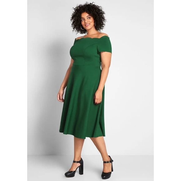 Modcloth Green Scalloped Off-The-Shoulder Neckline Ponte Knit Midi Dress Size XL - Picture 1 of 6